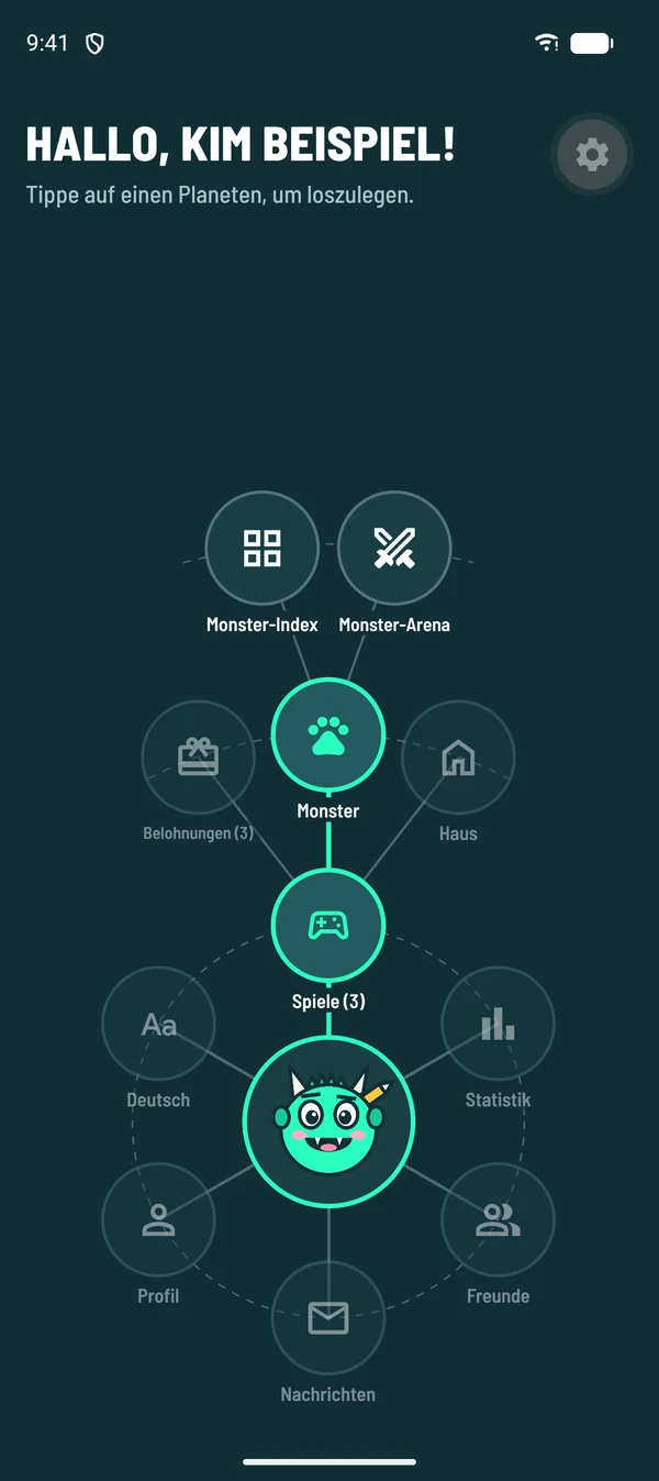 LernMonster-App: Planeten-Navigation mit dem Monster in der Mitte, geöffnet bis zur dritten Ebene: Spiele, Monster, Monster-Index und Monster-Arena